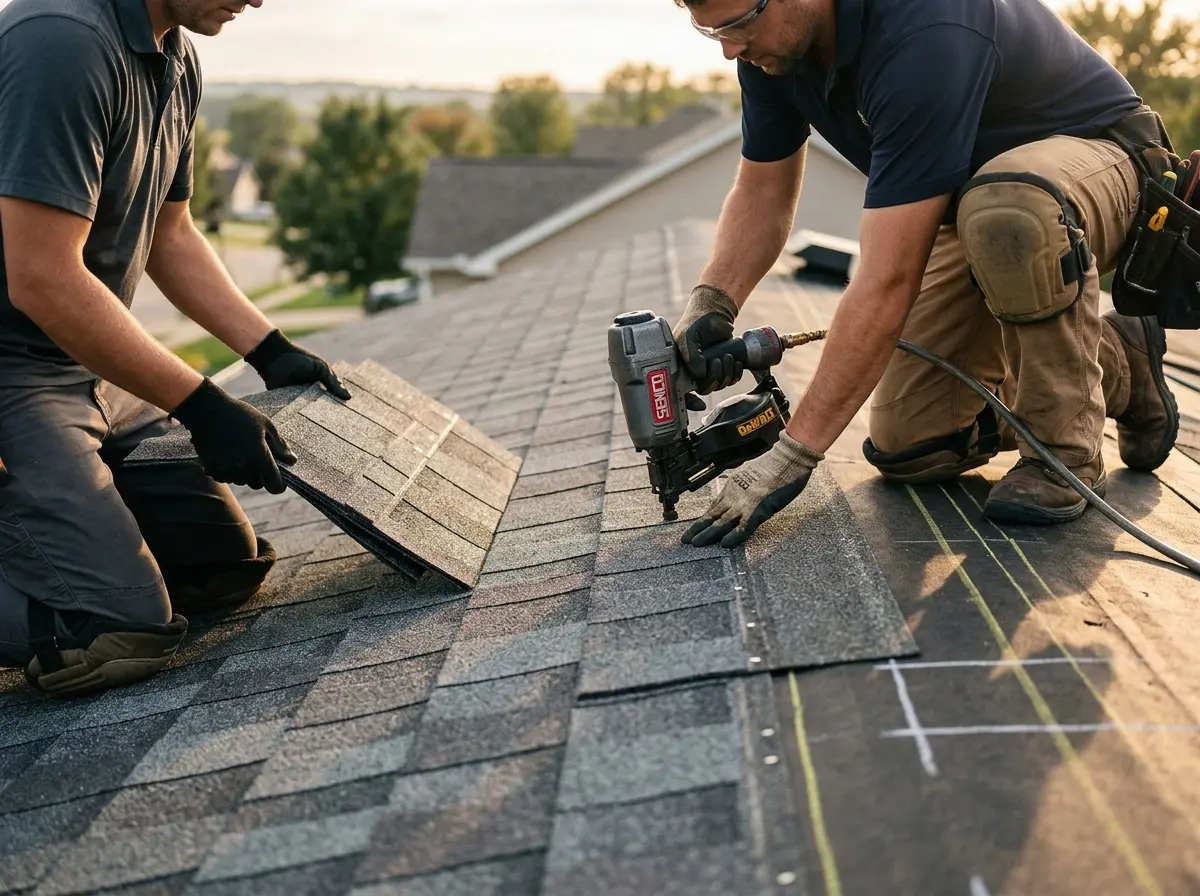 Professional roofer working on a residential roof in Los Alamos